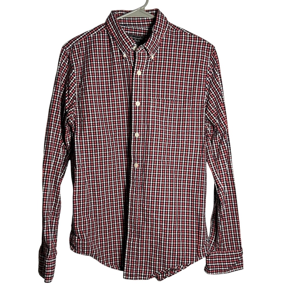Retro Abercrombie Fitch Men M Red Navy White Gingham Plaid Button Cotton Y2K - Picture 3 of 8